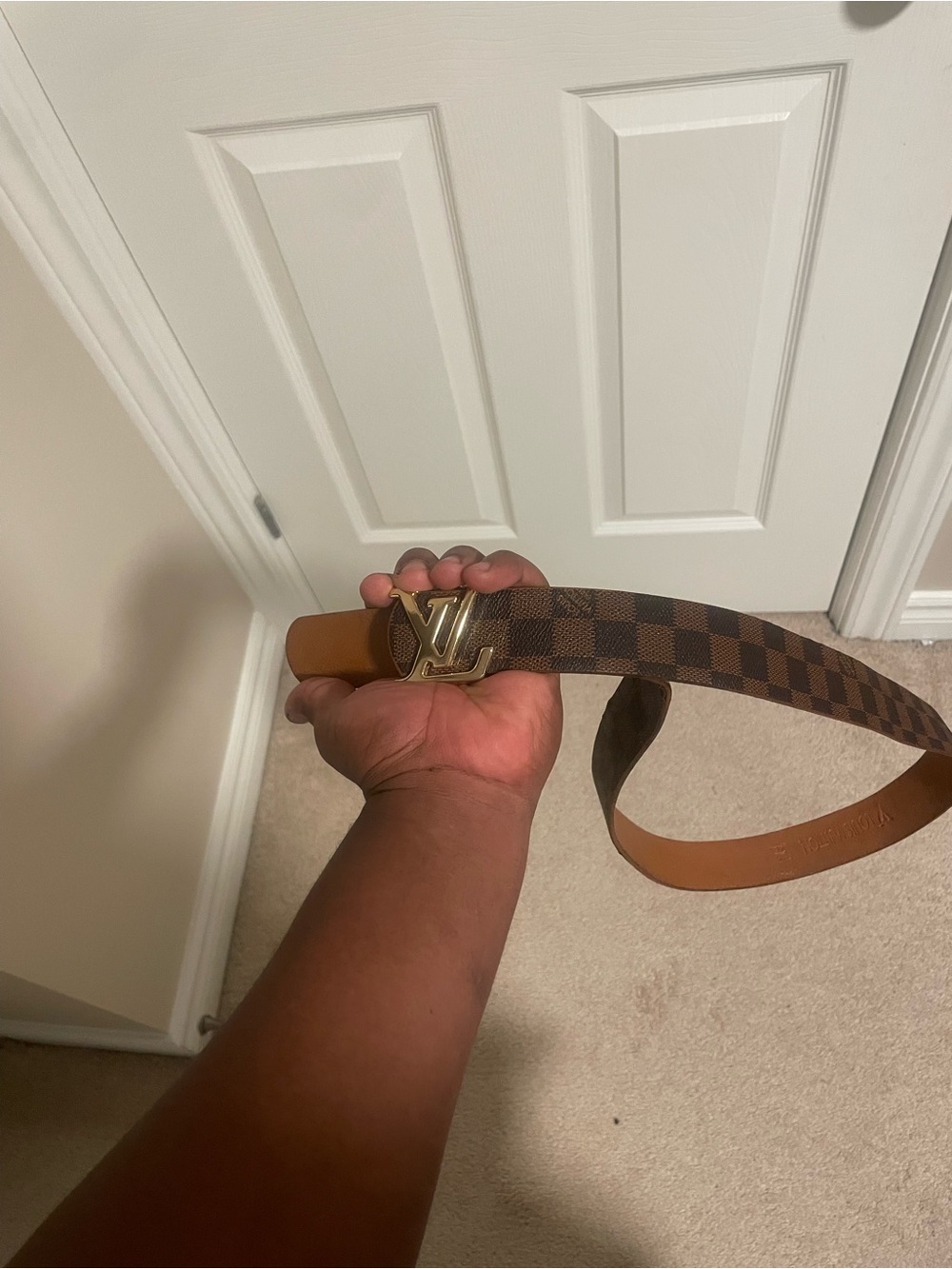 Louis Vuitton Brown Checkered Canvas Belt with Gold LV Buckle